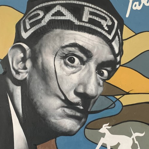 Salvador Dali wearing a Parra beanie on a technicolour background.