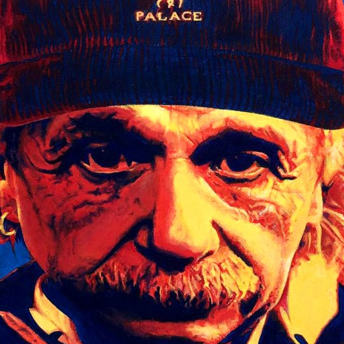 Albert Einstein depicted wearing popular streetwear items, in a heat map colour scheme.