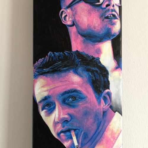 Skateboard deck featuring the main cast of Fight Club.