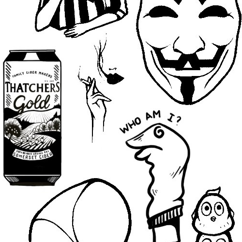 Tattoo flash sheet depicting a man wearing a bag, an anonymous mask, a can of Thatchers Gold, a pair of smoking lips, a sock puppet whom does not know who they are, a booty and a childs three headed toy.