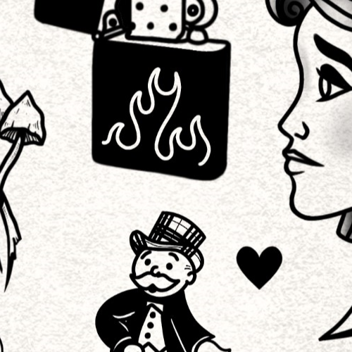 Tattoo flash sheet depicting various smoking paraphernalia, the Monopoly Man, traditional style ladies head, and a glitch art skull.