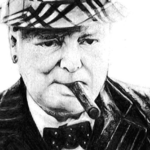 Winston Churchill depicted in a Burberry hat, smoking his famed cigars.